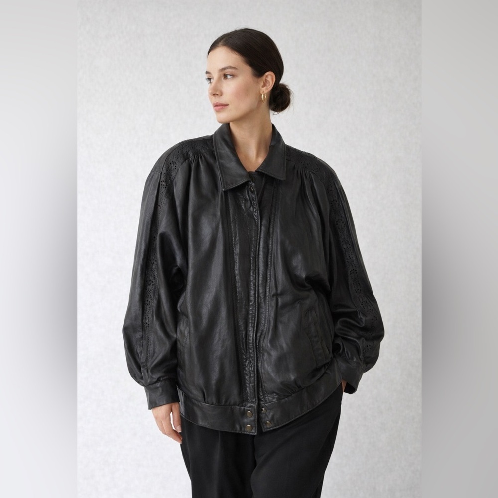Vintage 80s Black Leather Bomber Jacket Women Oversized Puff Sleeve Retro Grunge